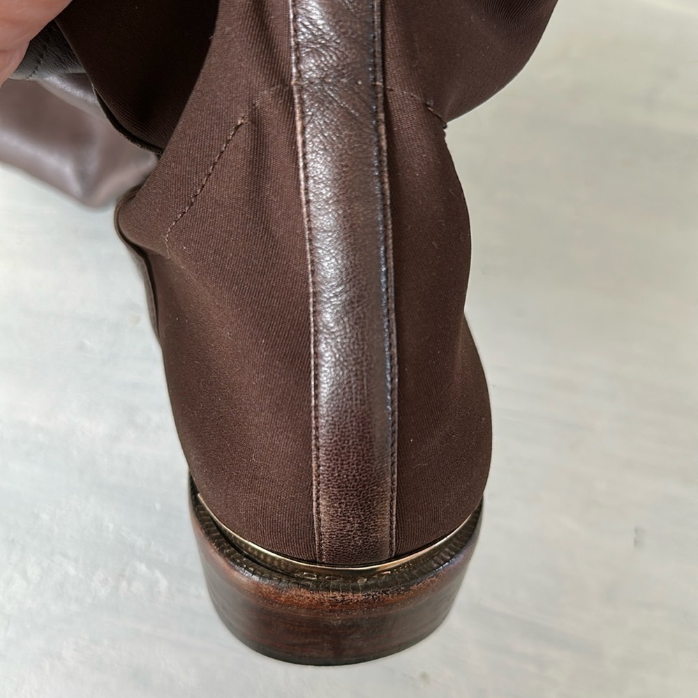 Coach Lilac Tall Boots Brown Leather Fabric Stretch Panel Size 10 Buckle Classy - Picture 16 of 16